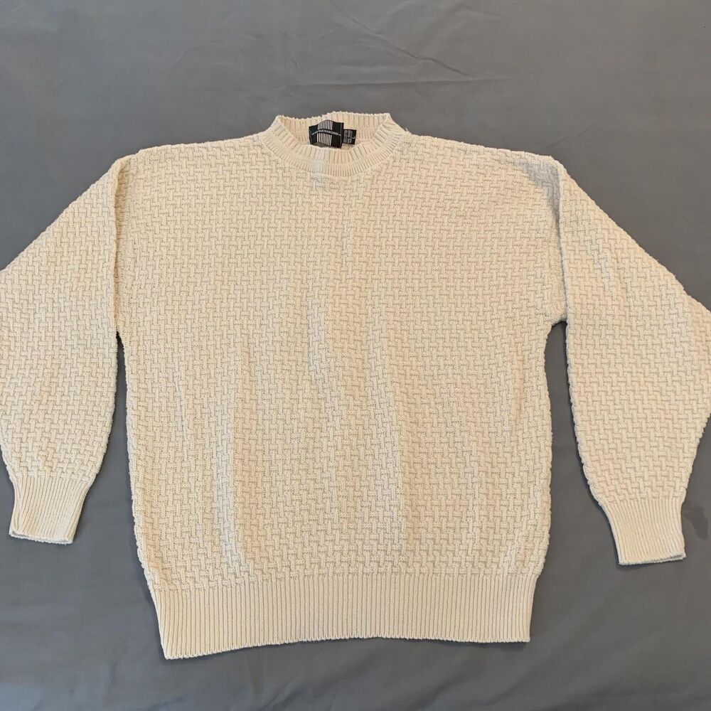 Expressions Sweater Mens Large Ivory Crewneck Cotton Basketweave‎ Made in USA